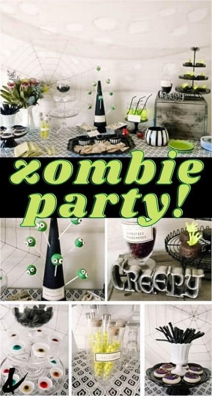 Collage of party ideas for a zombie party with a text overlay. 