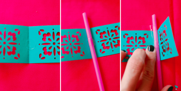 Steps to make a Papel Picado flag for a straw. 