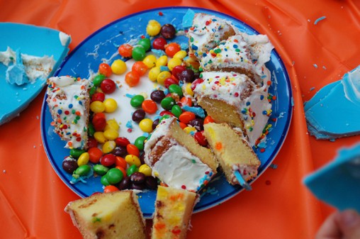 A cake on a plate with Skittles in the middle of it. 