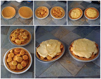 Images of a caramel banana pie being made in stages on a grey counter. 