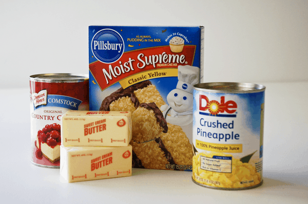 4 Ingredients to make an easy Pineapple Cherry Dump Cake recipe on a table.