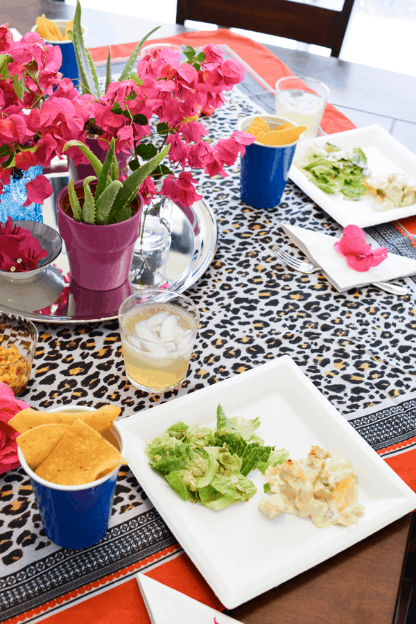 Decorated table for a girls night theme of Chicks and Salsa. 