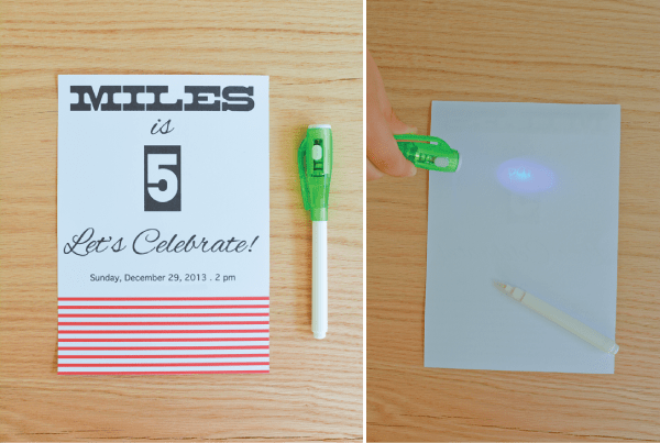 Spy party invitations with invisible ink.