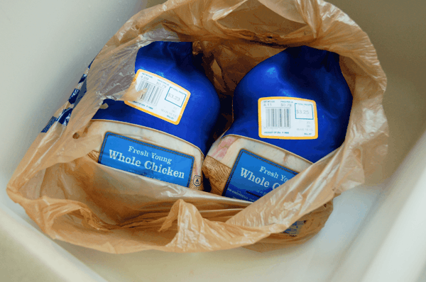 Two whole raw chickens in their packaging in a shopping bag in the sink.