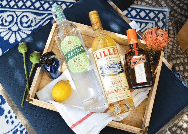 Ingredients on a tray to make a Corpse Reviver # 2 cocktail. 