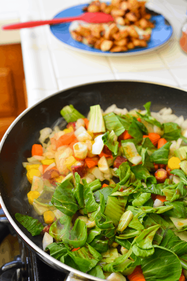 Sauteed vegetables are a great addition to our favorite chicken and rice recipe. 