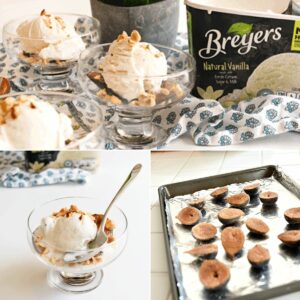 A collage of three images showing roasted figs on a baking sheet and in glass bowls filled with ice cream and hazelnuts.