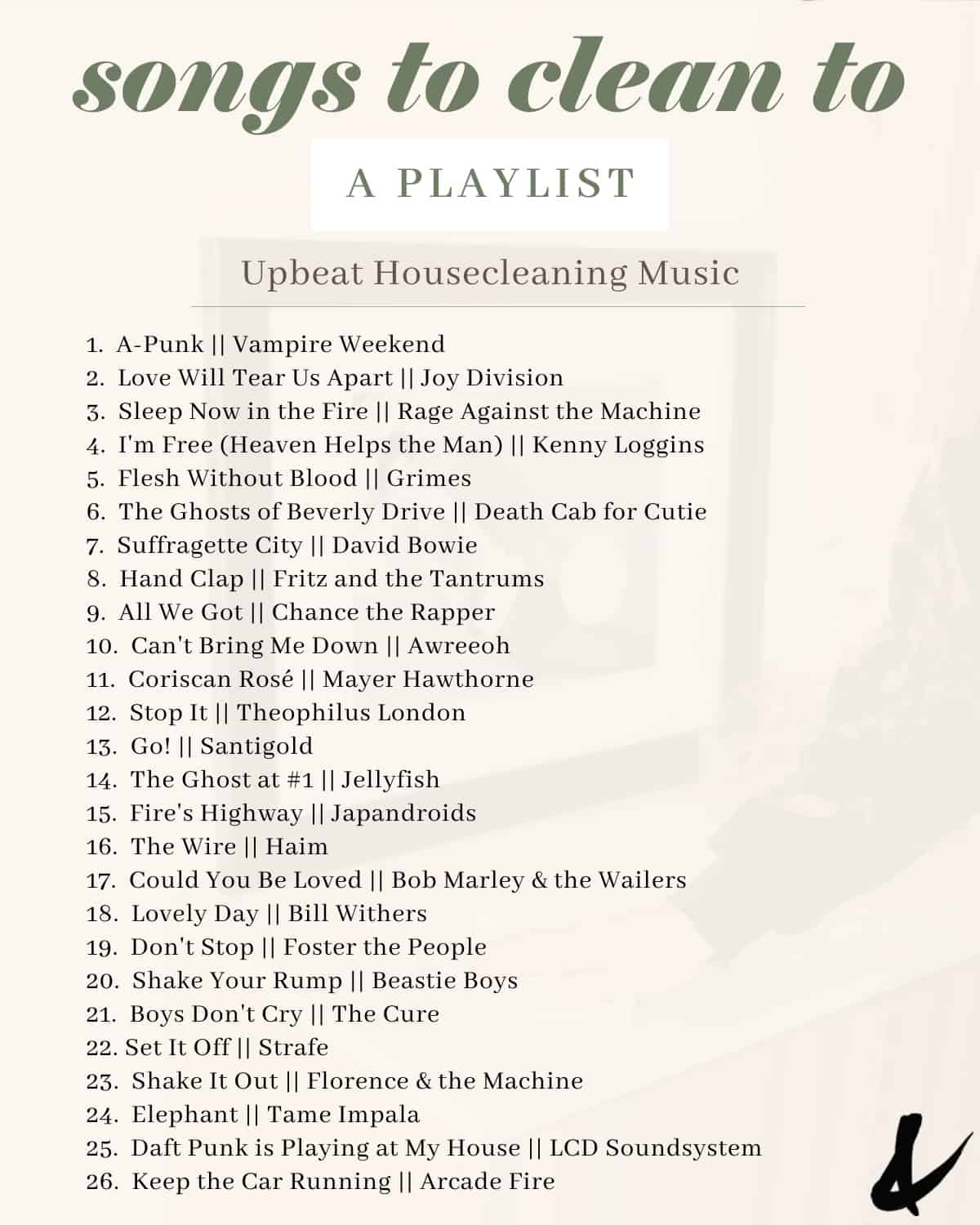 A text list of songs to listen to while cleaning the house.