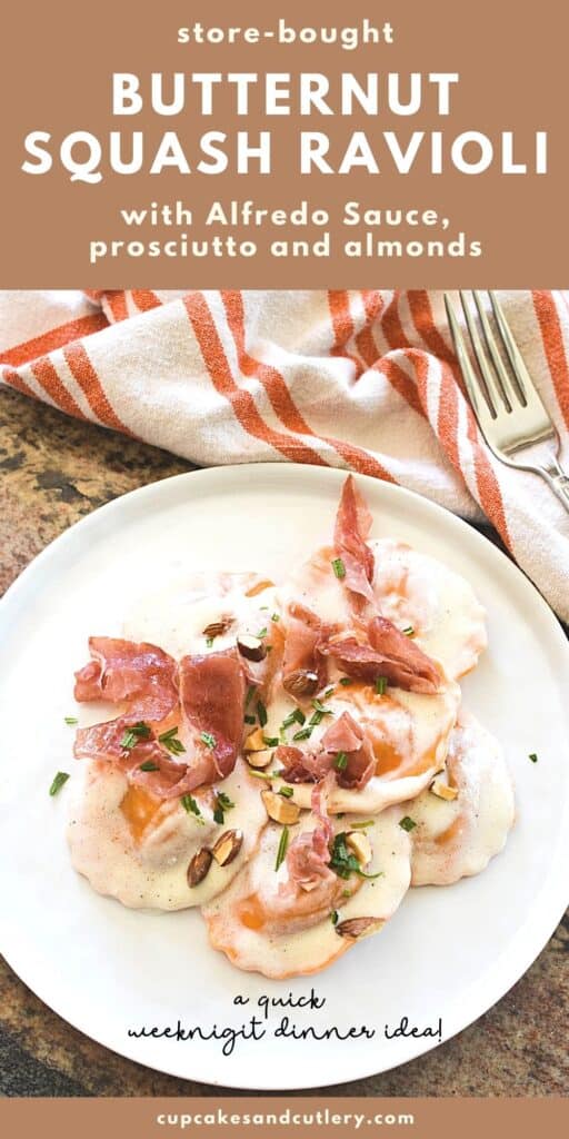 Close up of a plate holding ravioli topped with alfredo sauce with text around it.