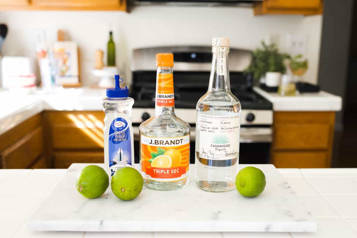 The ingredients to make large batch margaritas.