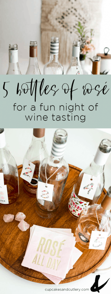 Bottles of rose for a wine tasting on a wooden board with text overlay.