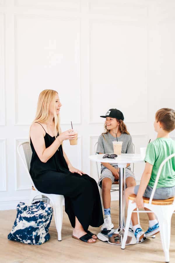 Mom and kids sitting at a table. 