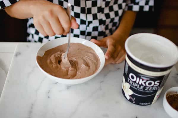 An easy after school snack idea with chocolate, fruit and Greek yogurt.