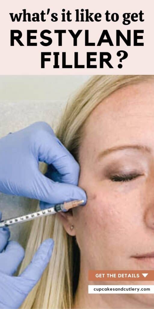 Close up of a woman getting Restyalne filler with text around it.