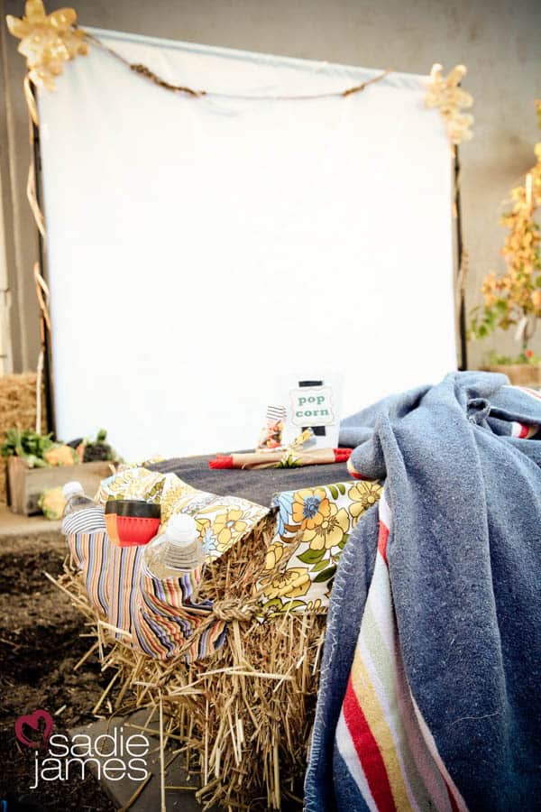 A hay bale covered in a fabric cover, topped with a blanket and snacks with a movie screen in the background.