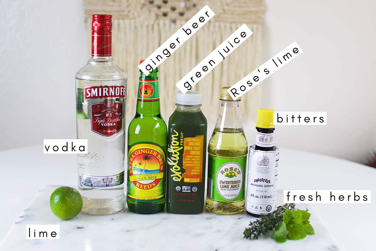Labeled ingredients needed to make a green Moscow Mule for St. Patrick's Day.