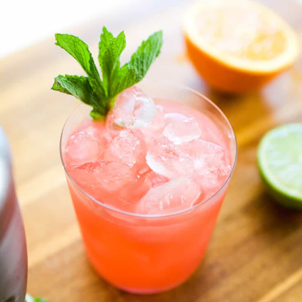 Close up of a fruity drink with vodka with a mint garnish.