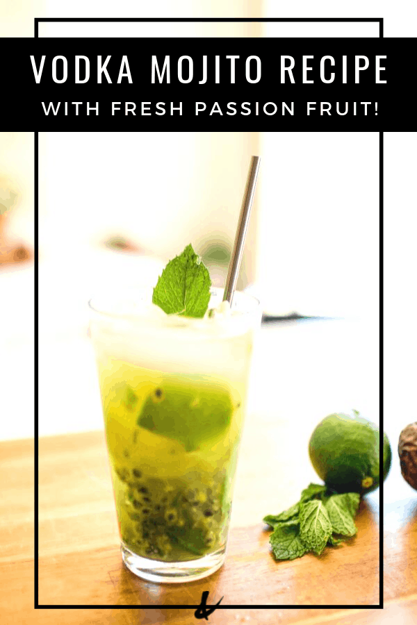 finished cocktail with passion fruit and vodka with text overlay