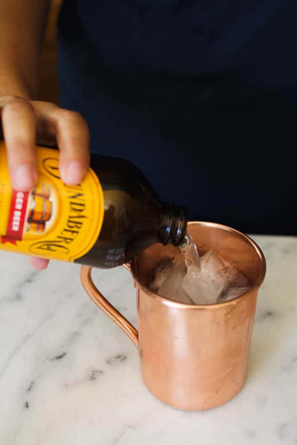 Adding ginger beer fo the Halloween mule drink.