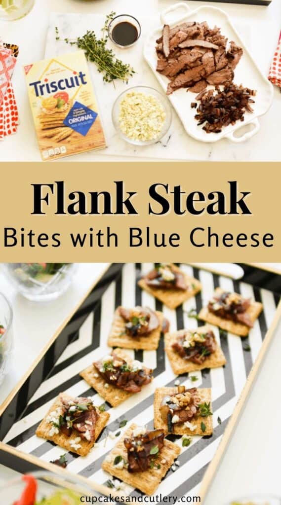 Collage of images for making Flank Steak Bites on top of a Triscuit.