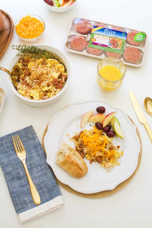 Vegetarian breakfast skillet with eggs, hashbrowns, and maple sausage