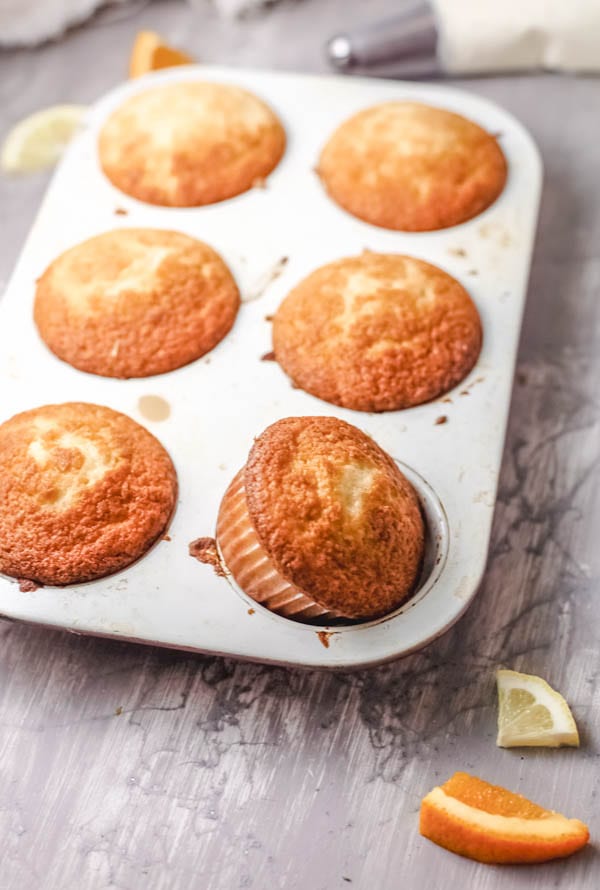 Unfrosted white wine sangria cupcakes in a muffin tin.