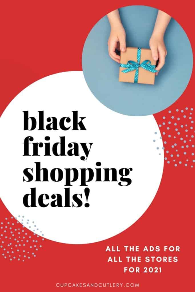 A hand holding a package on a blue background with text about black Friday deals next to it.