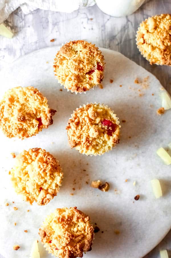 Overhead view of easy dump cake cupcakes on a platter.