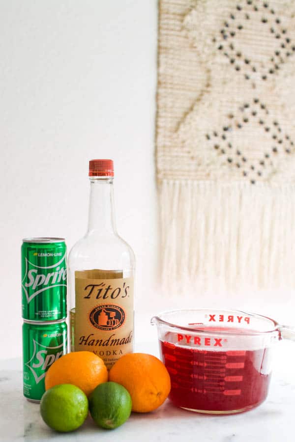 Ingredients for cranberry vodka slush on a table. 