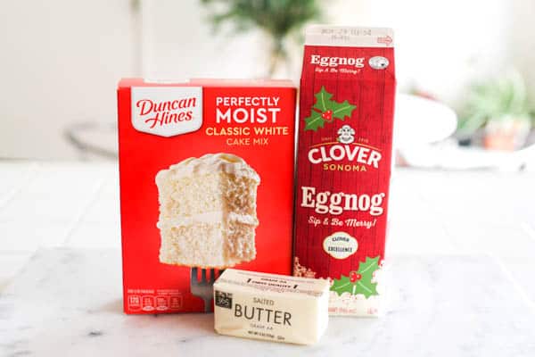 Ingredients for eggnog dump cake.