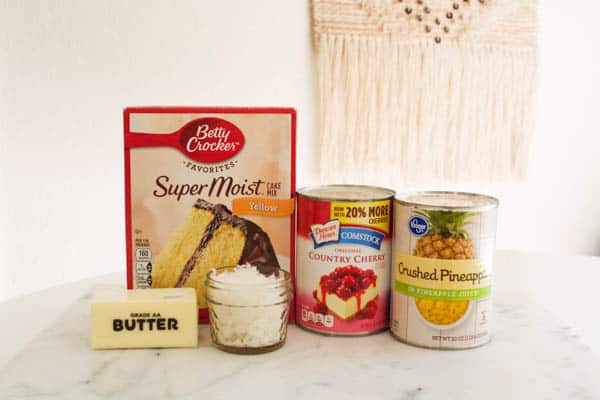 Ingredients to make a microwave dump cake on a table. 