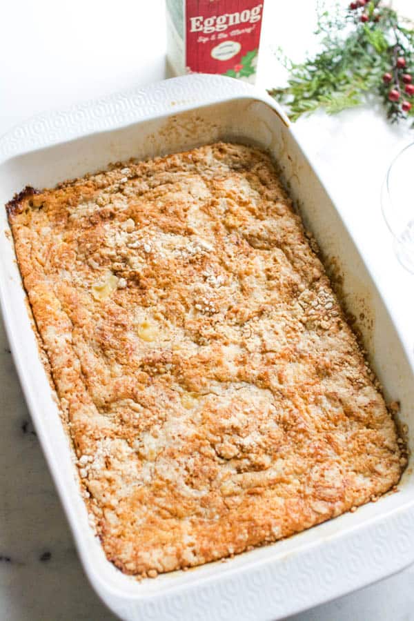 Full baking pan of eggnog dump cake.