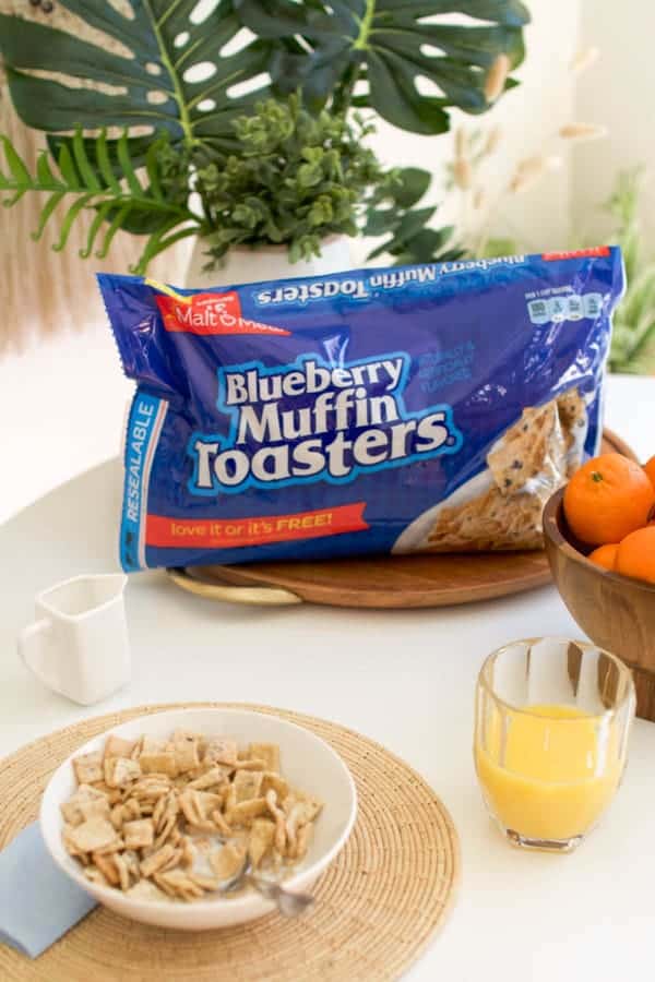 Malt-O-Meal Blueberry Muffin Toasters cereal bag on a table next to a bowl of cereal.