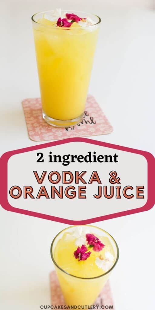 Collage of images of a tall cocktail glass holding a drink of orange juice and vodka with text around it.