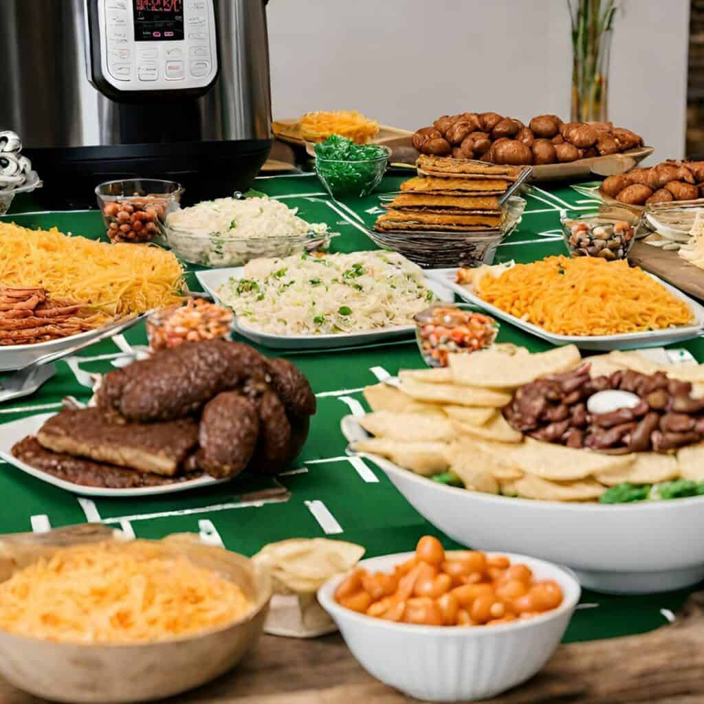 A food table for a football party with an Instant Pot.