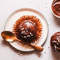 Overhead shot of chocolate cupcake on a plate with white round sprinkles.