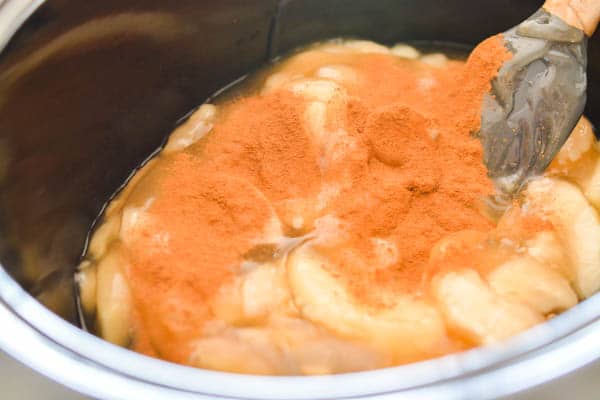 apple pie filling in a crockpot topped with ground cinnamon