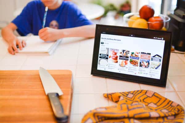 A Portal by Facebook on a kitchen counter with Pinterest showing.