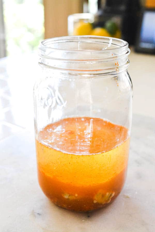 Jar with ingredients for Blue Cheese Vinaigrette.