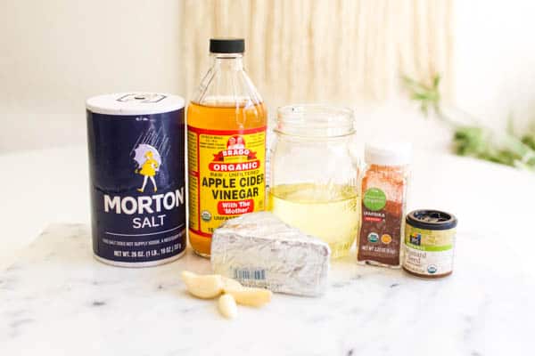 Ingredients for Blue Cheese Vinaigrette dressing on a table.