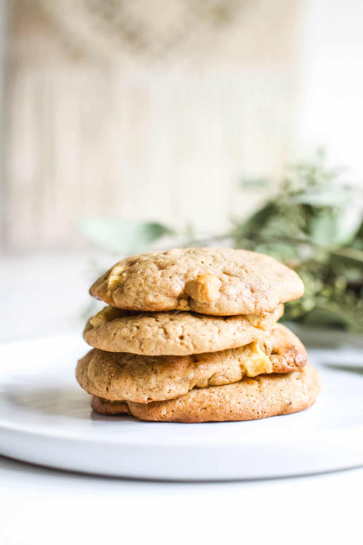 A plate with 4 cookies stacked on top of each other.