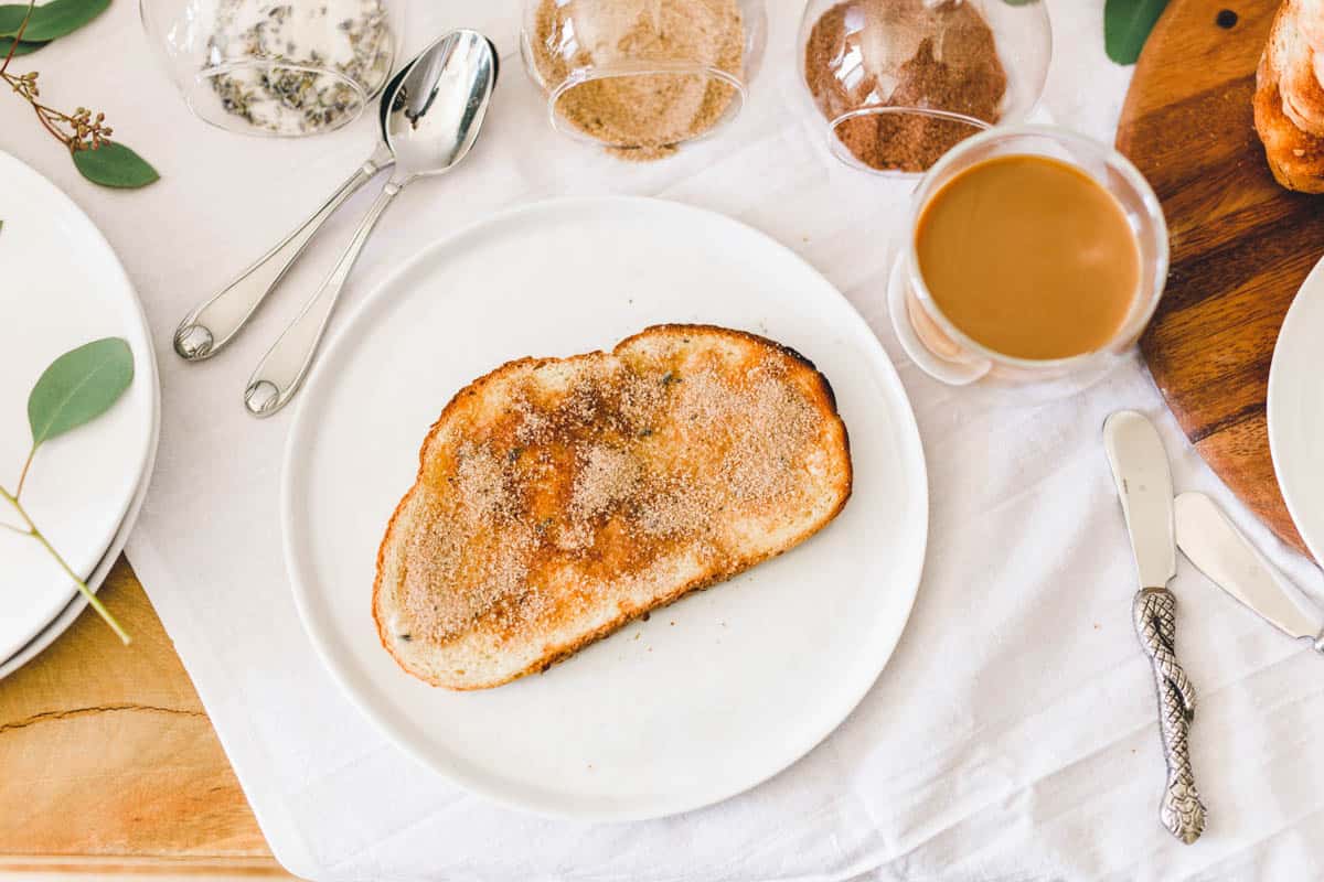 Close up of a piece of cinnamon toast on a plate for a holiday breakfast.