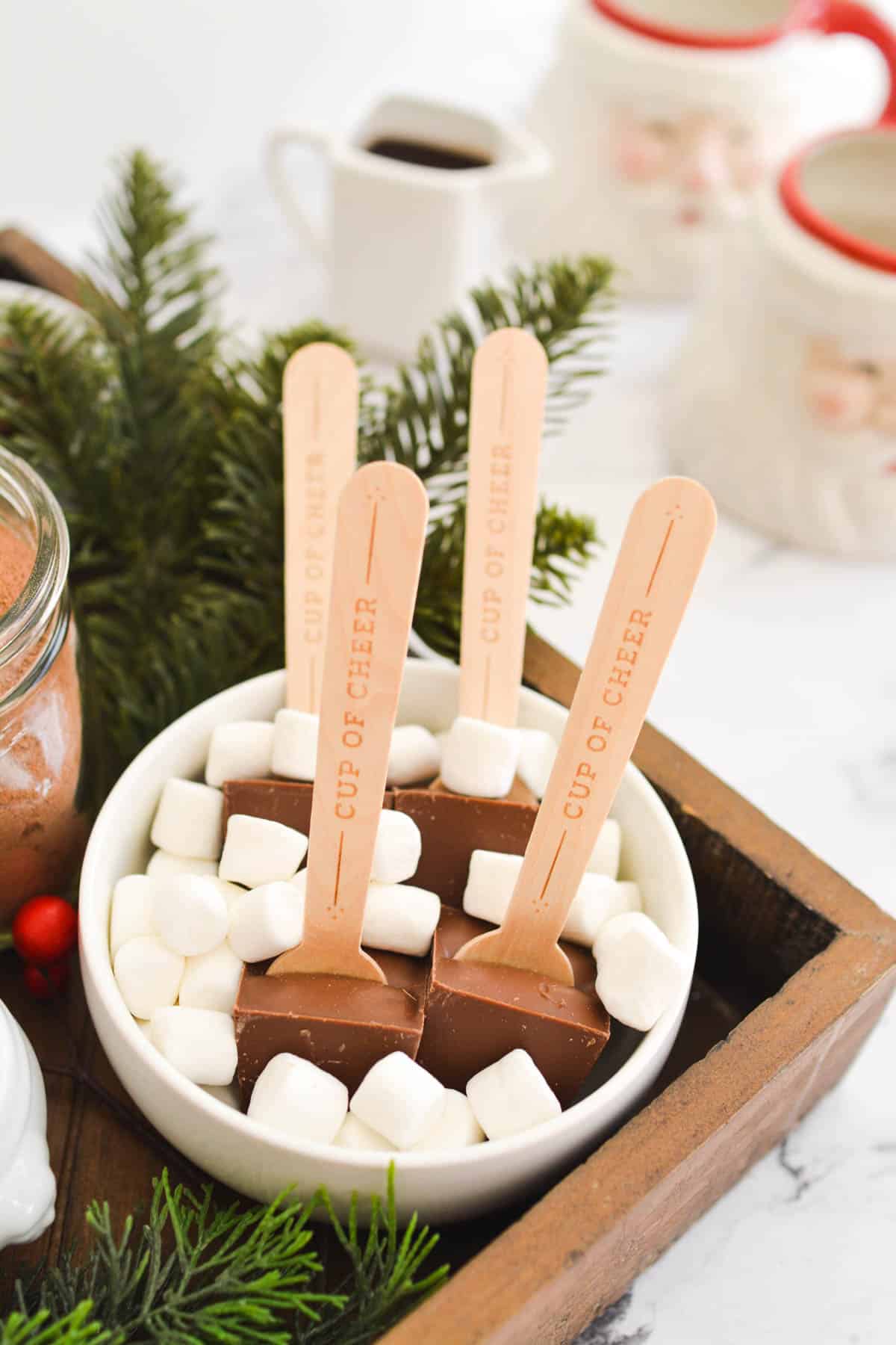 A small white bowl with Hot Chocolate Spoons and mini white marshmallows around them. 