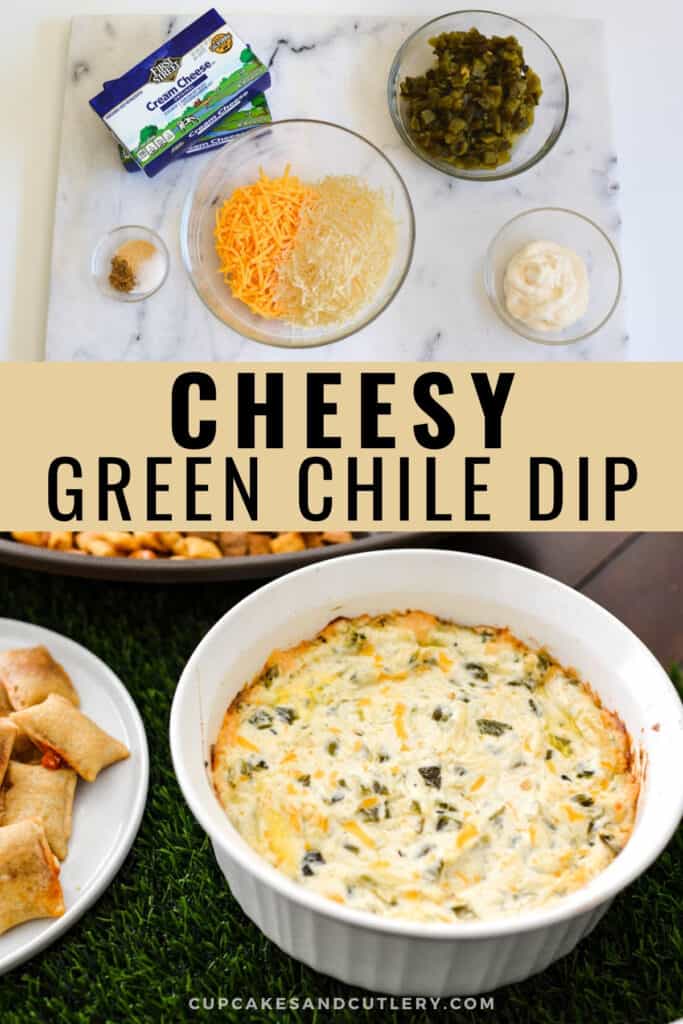 Ingredients and finished dish of hot green chile dip.