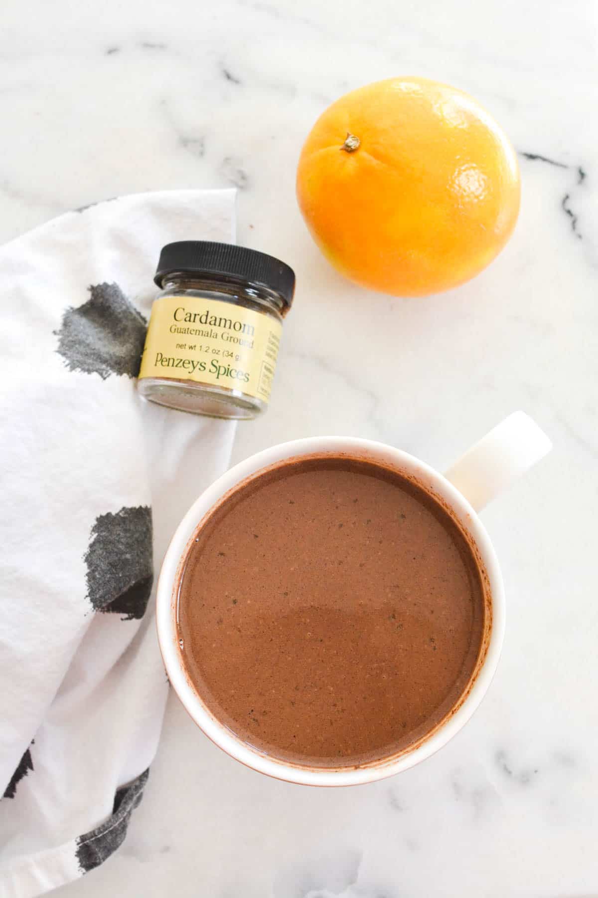 Overhead shot of a mug of hot chocolate.