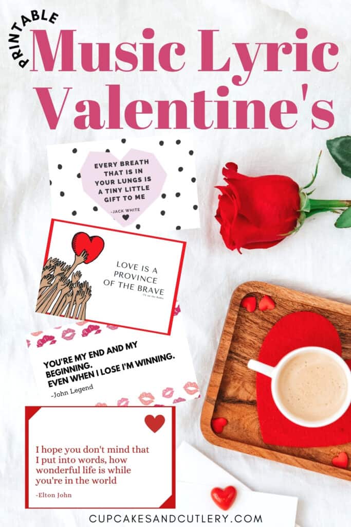 An overhead image of a table with a rose and mug of coffee next to printable Valentine's cards.
