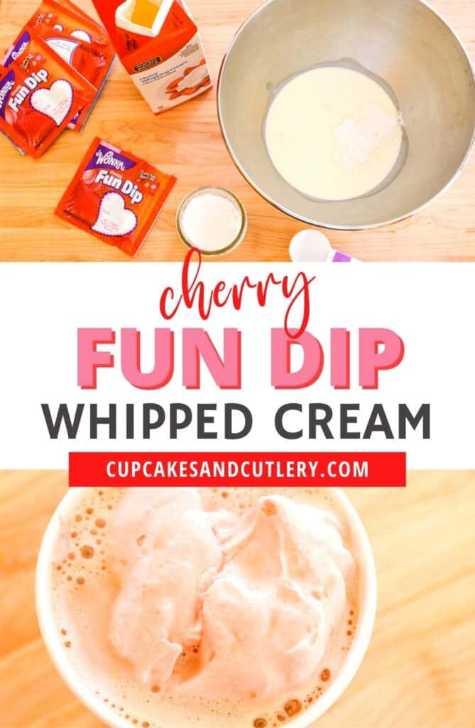 Collage of images showing ingredients needed to make cherry fun dip whipped cream.