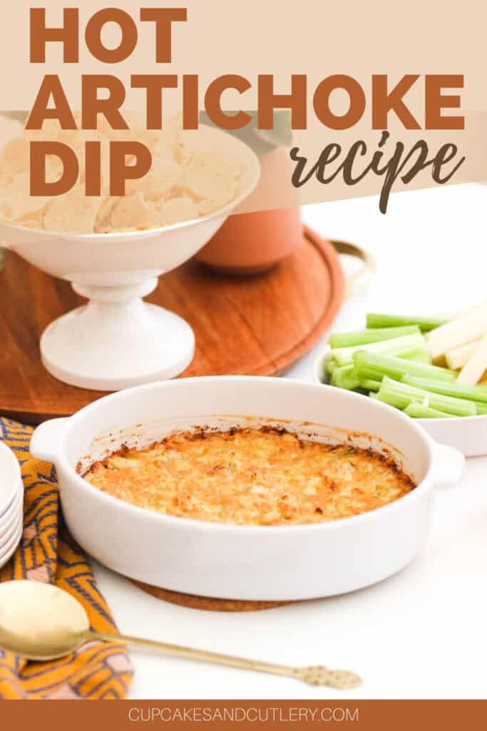 Swiss artichoke dip in a baking dish with text overlay.