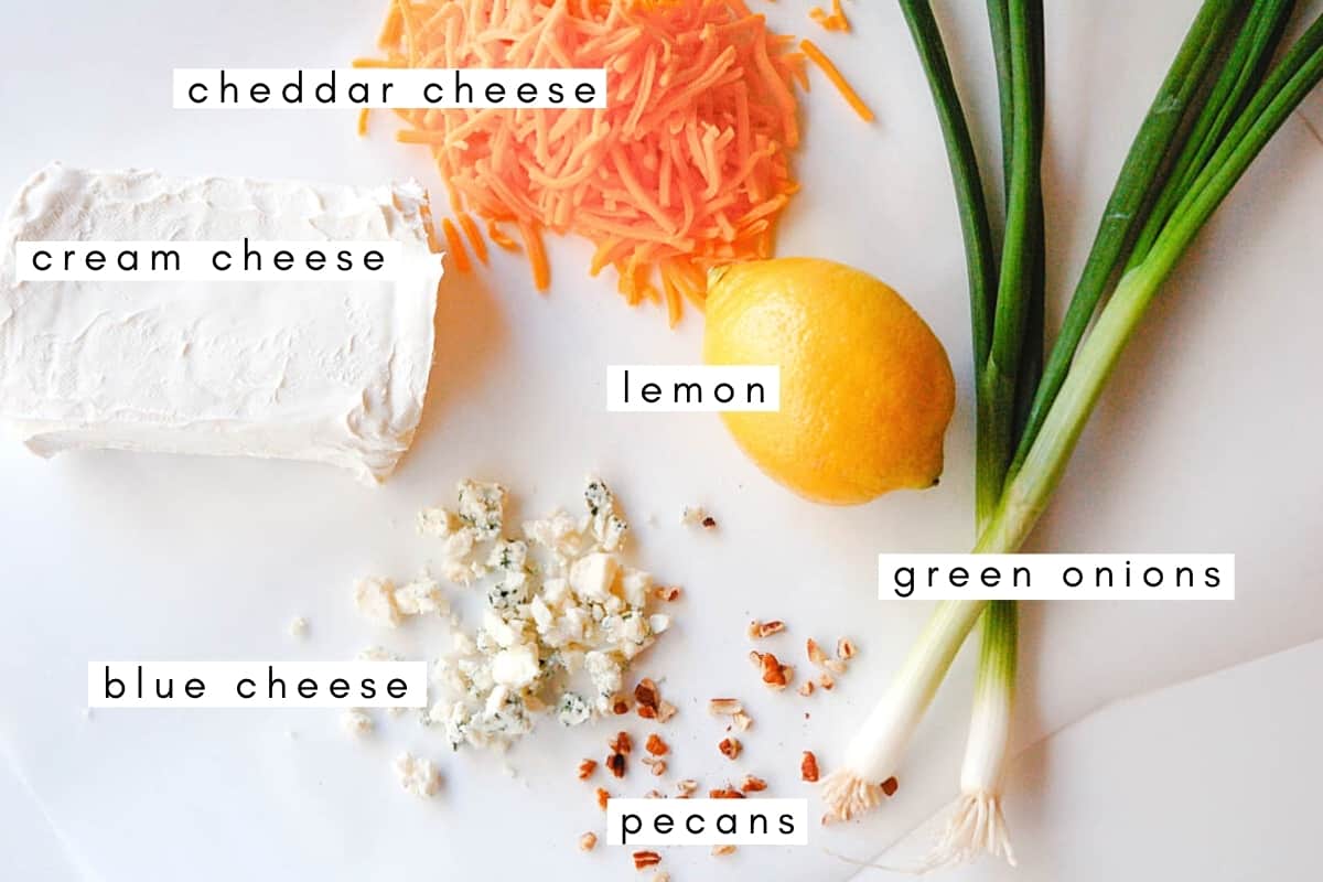 Labeled ingredients to make a classic cheese ball.