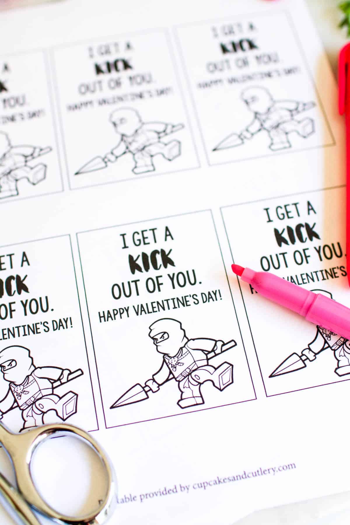 Ninjago printable Valentine's on a table.